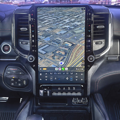 Car interior with a large touchscreen display showing a map.